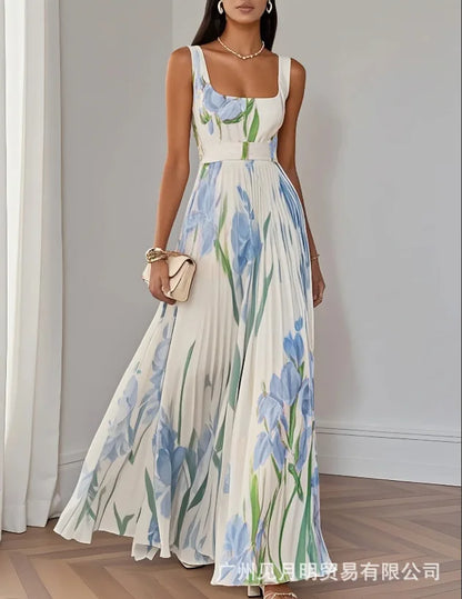 Elegant Print Belt Long Holiday Dress Women Square Collar Sleeveless Backless Pleated Party Dresses 2025 Summer Lady Floral Robe