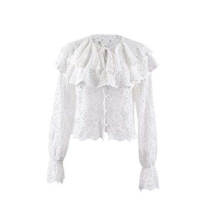 New lace see through double-layer ruffle collar shirt with stylish and stylish design