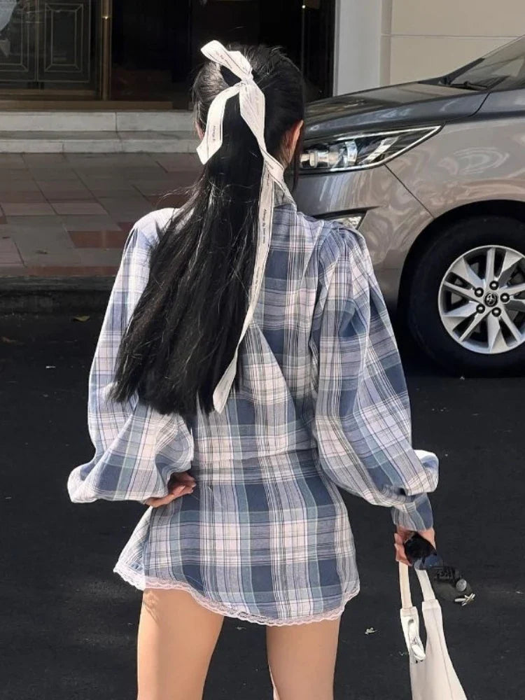 Elegant Plaid Dress Women Y2k Lantern Sleeve Low Waist Short Skirt Lace Up Summer Spring Harajuku Oversize Mini Dress