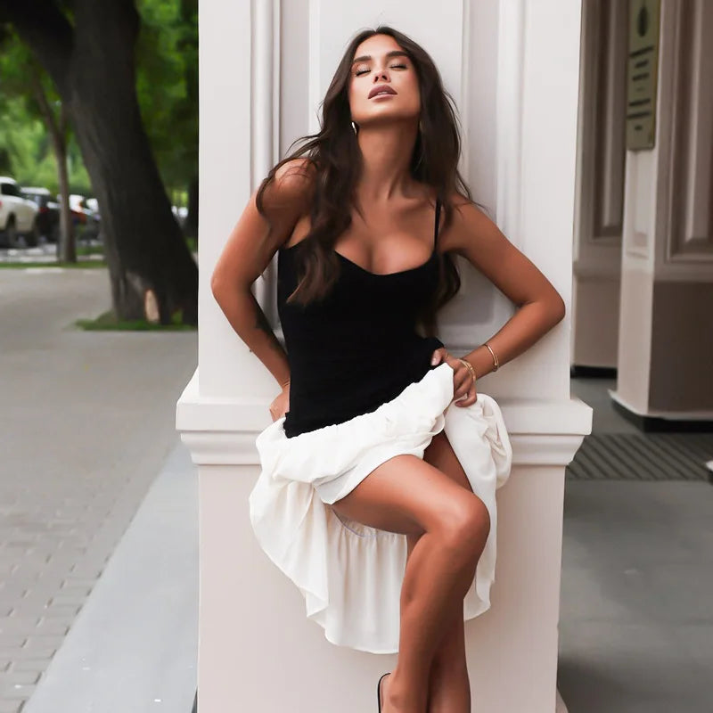 Spaghetti Strap Scoop Neck Asymmetric Waist Tiered Ruffle Hem Maxi Dress