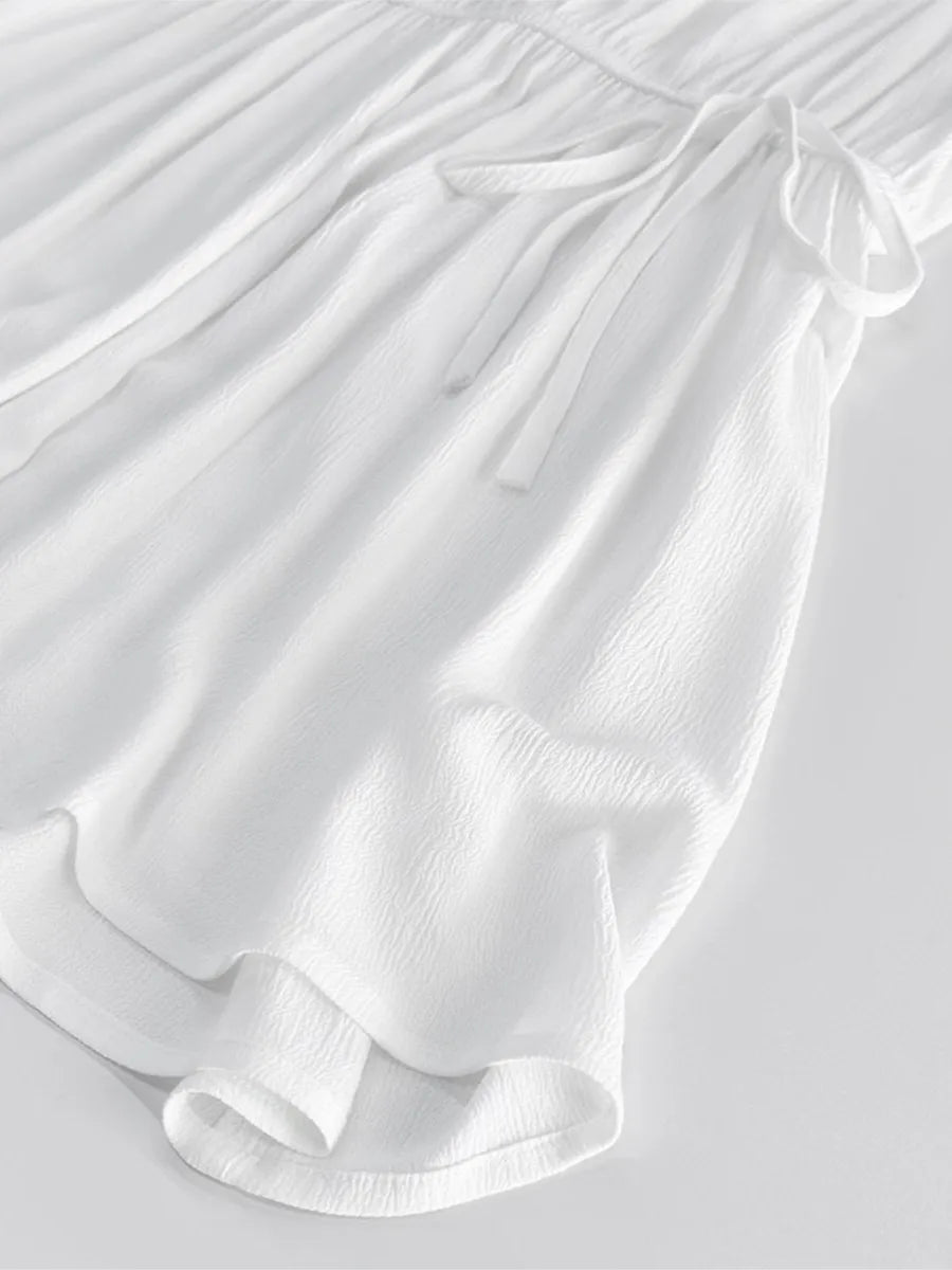 White Textured Mini Dresses Women New Scoop Neck Long Sleeve Lace-up A-line Vestidos Summer Beach Holiday Casual Cover-up