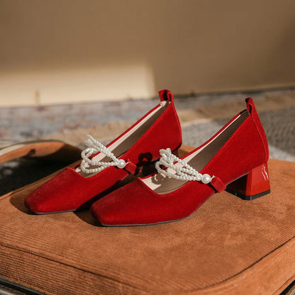 Velvet Shoes Med Square Toe Block Heels High Heeled Sandals Woman Mary Jane Espadrilles Platform Suede Medium Wedding Chunk