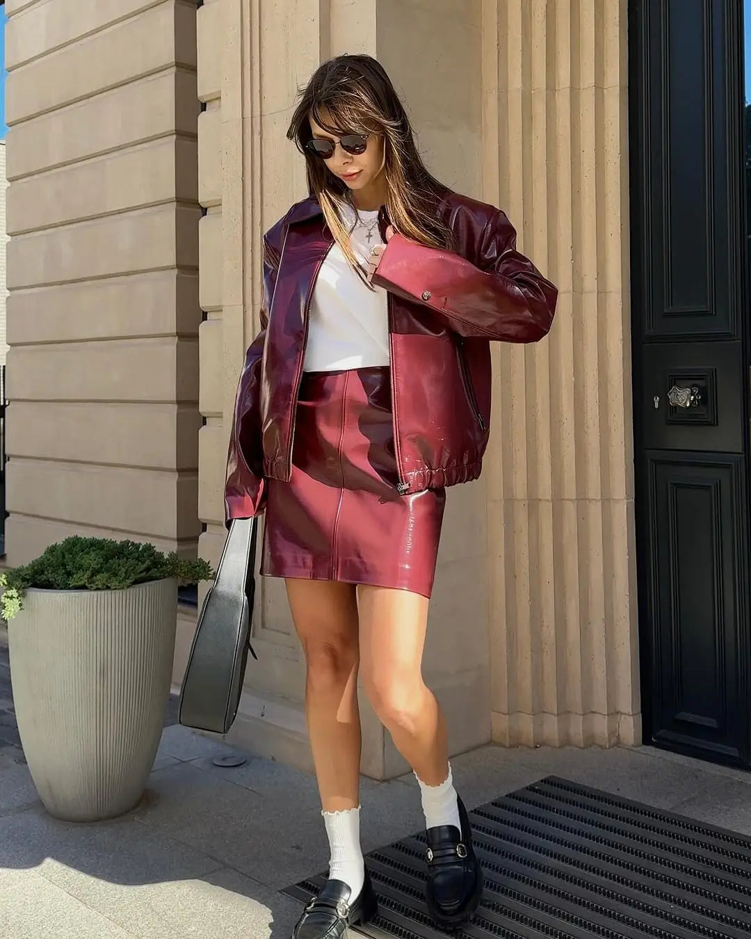 Women Elegant Ancora Red Zipper Leather Jacket 2 Piece Set Fashion High Waist Solid Cropped Mini Skirt Suit Lady Streetwear