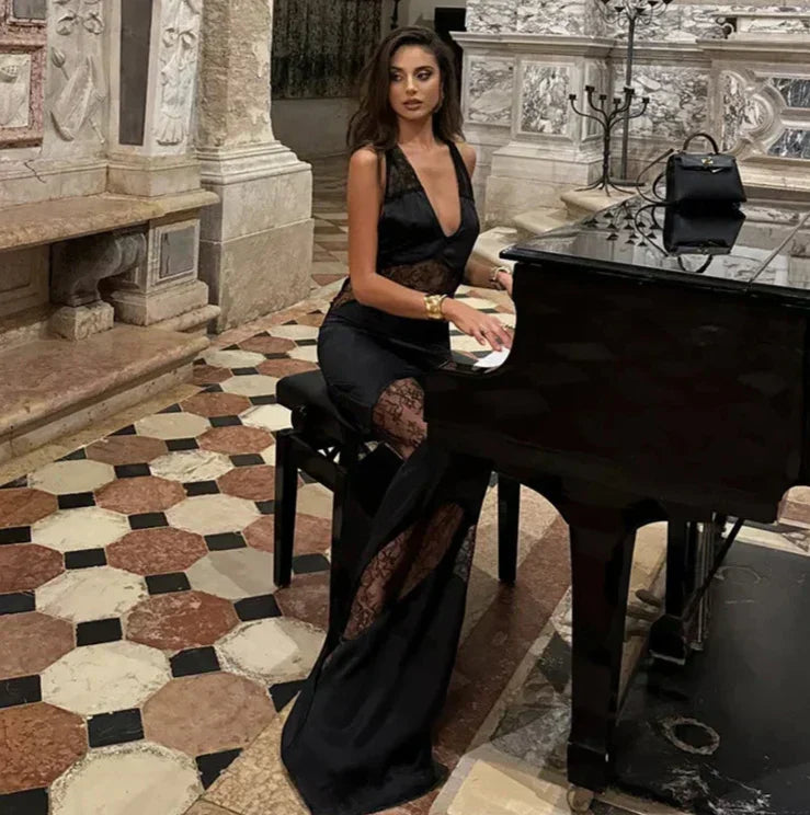 Halter Choker Neck Lace Chevron Panel Sheer Maxi Gown