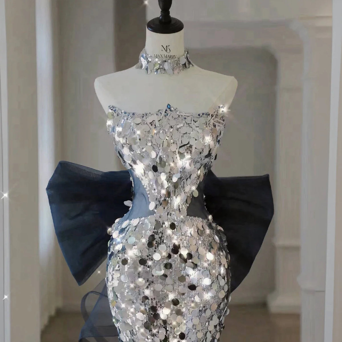Silvery Shiny Sequins Prom Dresses Mermaid Removable Tulle Bow Trailing Ceremony Performance Party Backless Formal Evening Gowns