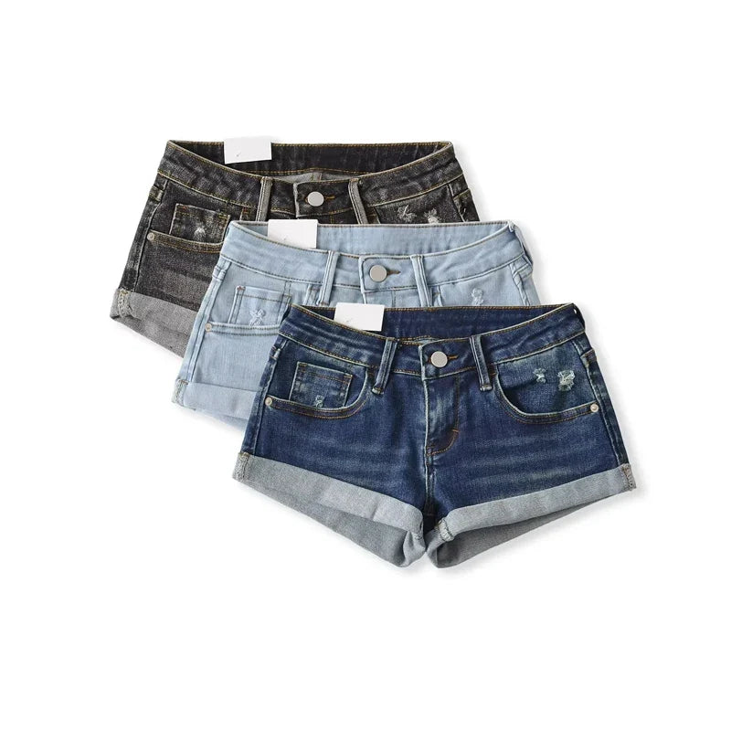 Women's Low Rise Roll Hem Hotpant Denim Shorts Denim Micro Shorts