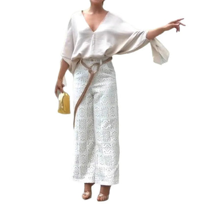 Elegant Women Pants Set Chic Loose Long Batwing Sleeve Shirt Top Wide Leg Pants Two Piece Trousers Set Lace Hollow Out Outfits