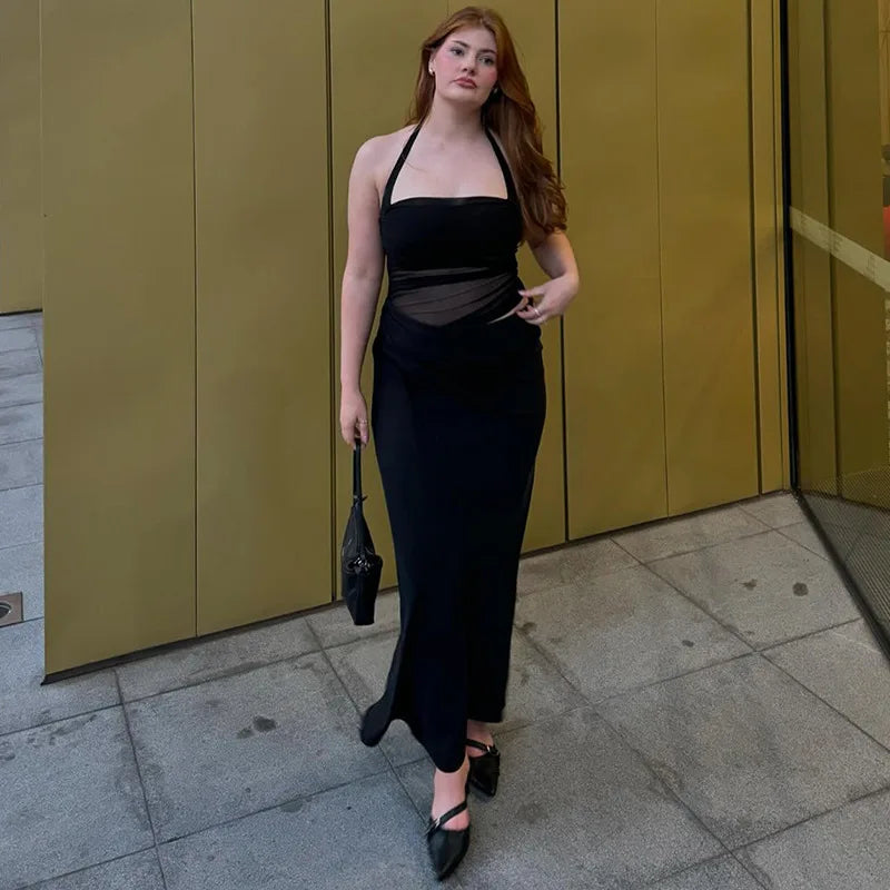 Halter Mesh Ruched Midriff Wrap Panel Bodycon Maxi Gown