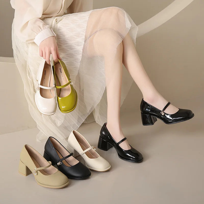 High Heel Leather Shoes Mary Jane Branded Pumps Chunky Sandals Shallow Mouth Clogs for Women Slip On Round Toe Latest Lolit