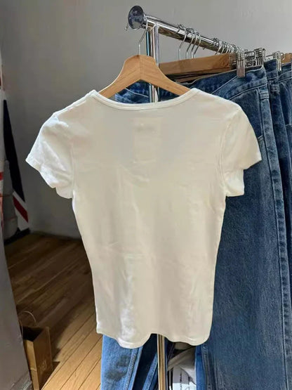 White Cotton Slim T-Shirt Women Summer Short Sleeve V-neck T-shirts Female Casual Simple Basic Tee Shirt Y2k Pullover Tops