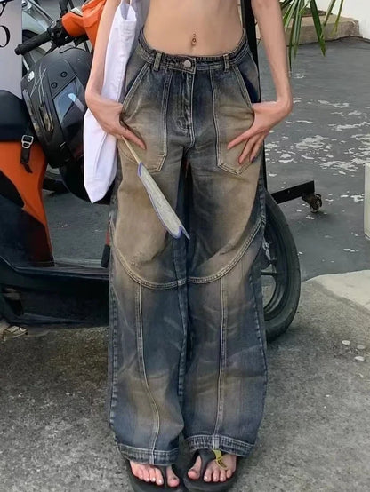 Washed Patchwork High Waist Jeans for Women American Vintage Distressed Straight Jeans Hip Hop High Street Wide Leg Trousers