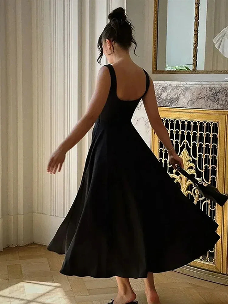 Solid Color Halter Long Dress Straps Slim Fit Sexy Square Neck Suspender High Waist Pleated Beach Dresses Women's Party Robes
