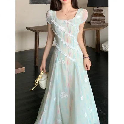 French High-Grade Sweet Dress Women's New Summer Fashion Chic Print Slim Medium Length Pear Shape Evening Dresses