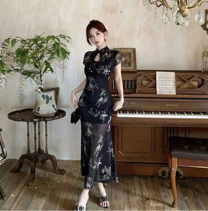 Vintage Chinese National Style Slimming Modified Cheongsam Dress Women's New Summer Chic Y2K Slim Elegant Split Long Dress