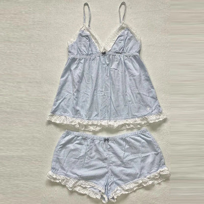 2 Piece Set Striped Cute Lace Trim V Neck Spaghetti Strap Babydoll Tops + Shorts Fairy Cute Lounge Home Pajamas Y2k Outfits