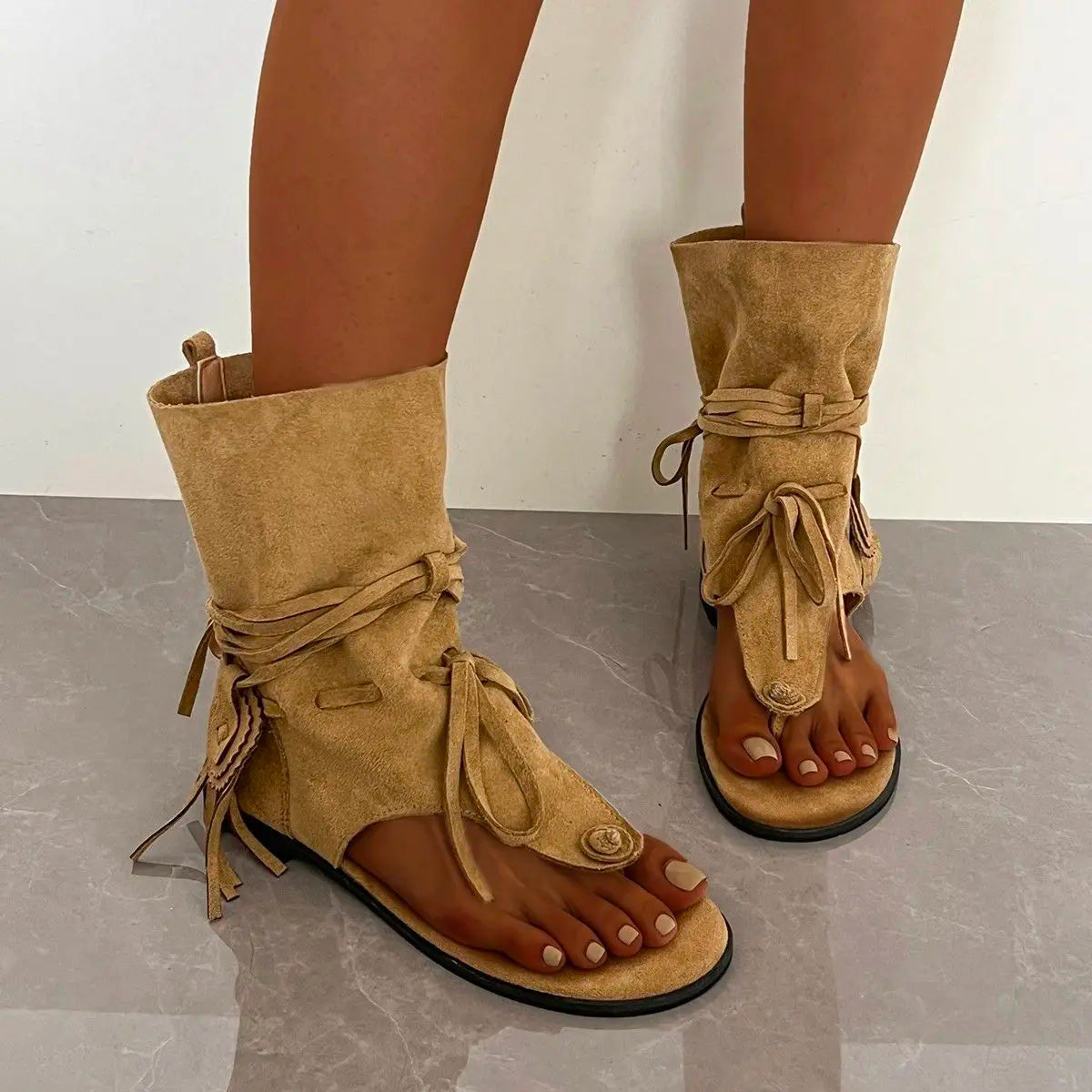 Retro Summer Women Sandals Open Toe Tassel Design Suede Flat Roman Sandals Soft Lightweight Ladies Western Boots