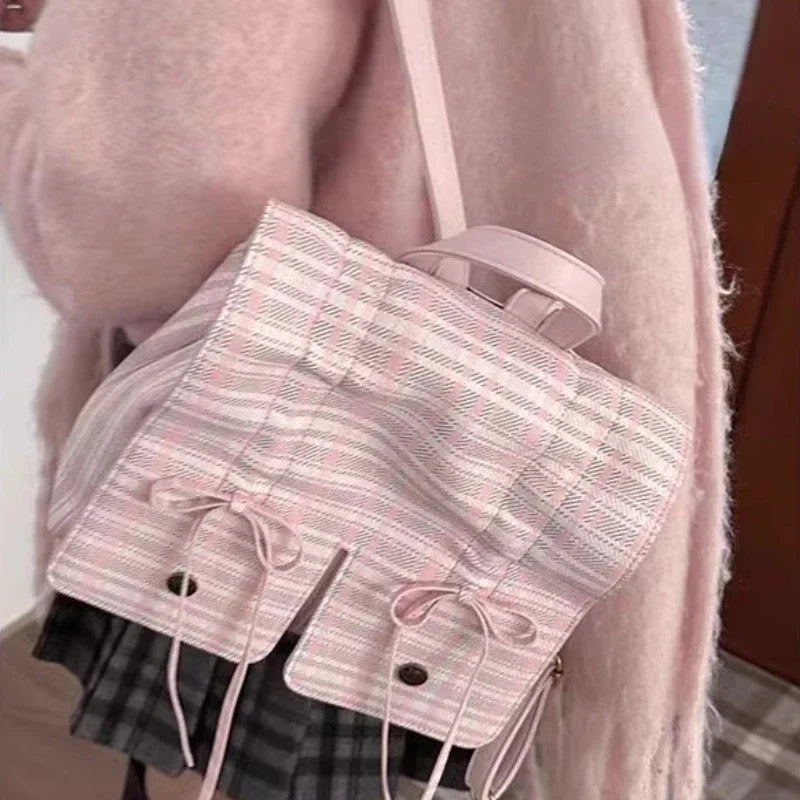 Sweet Y2k Aesthetic Girls Bow Plaid Backpacks Casual All Match Chic Preppy Backpack Women Students Streetwear Fashion Schoolbags