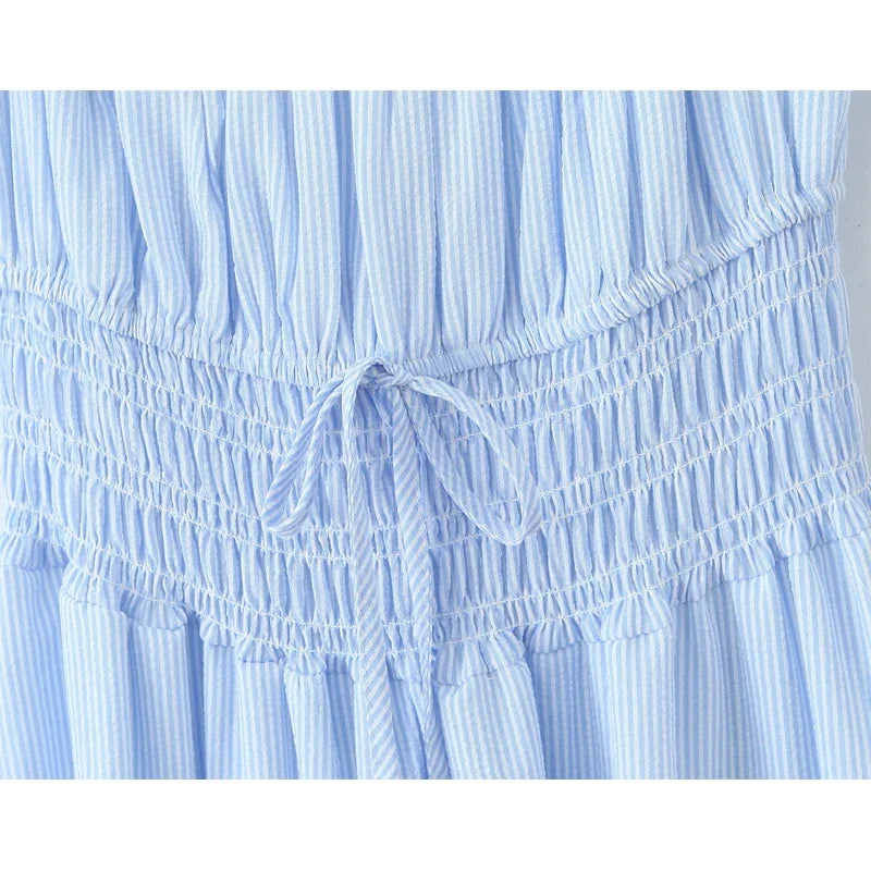 Rural Style Striped Dress New 2026 Women Pink Blue Puff Sleeve Casual Elegant Vacation Summer Dresses Midi Robe