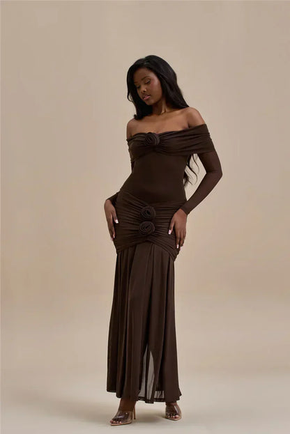 Off Shoulder Mesh Sleeve Ruched Rosette Applique Mermaid Maxi Dress