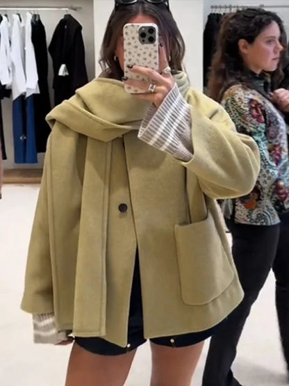 Woolen Scarf Collar Casual Coat Women Single Breasted Elegant Thicken Warm Pocket Loose Solid Jacket Winter Long Sleeve Outwear