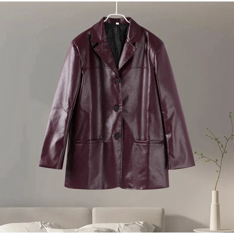 Women's PU Leather Jackets Casual Turn Down Collar Long Sleeve Single Breasted Pockets Loose Female Motorcycle Coat Lady Outwear