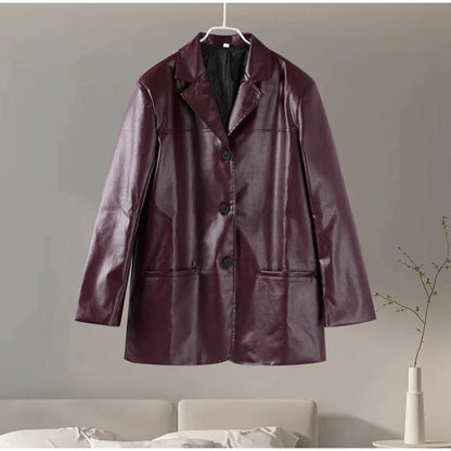Women's PU Leather Jackets Casual Turn Down Collar Long Sleeve Single Breasted Pockets Loose Female Motorcycle Coat Lady Outwear