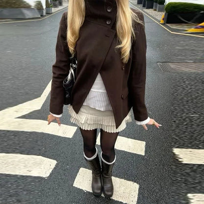 Elegant Brown Loose Jackets Women Fashion Full Sleeve Single Button Stand Collar Short Coats Female Autumn Lady Outwears