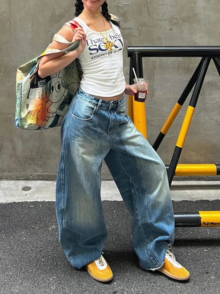 Vintage Oversized Blue Jeans Woman Y2k Casual America Retro Baggy Denim Pants Basic Harajuku Wide Leg Trousers Summer