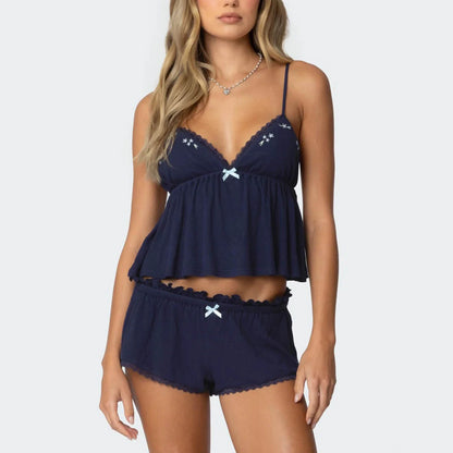 Fashion Casual Loungewear Pajama V Neck Cami A-Line Loose Shorts Lace Trim Set Comfortable Two Piece Outfit