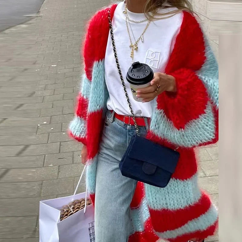 Women Causal Long Sleeve Sweater Jacket Elegant Colorblocked Striped Loose Long Coat Fall Winter Fashion Comfortable Outerwears