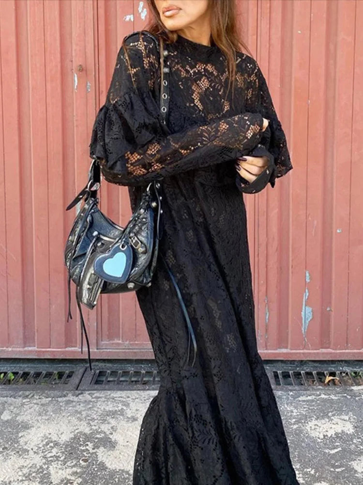 Sexy Lace Hollow Out A-lined Long Dresses Women Vintage Loose Perspective O-neck Black Dress Female Chic Elegant Party Street