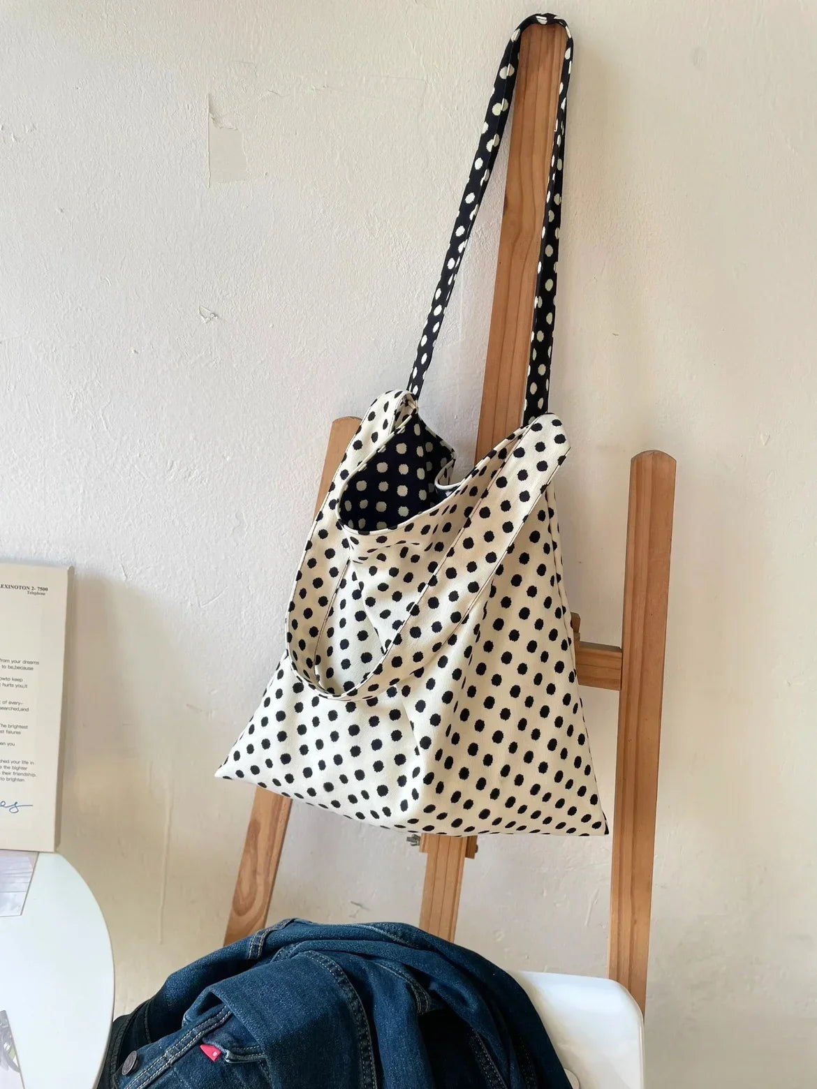 Niche Double-sided Black White Polka Dot Bags Female Shoulder Bag Casual All-match Retro All-match Simple Canvas Bags