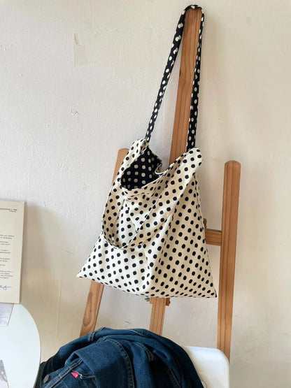 Niche Double-sided Black White Polka Dot Bags Female Shoulder Bag Casual All-match Retro All-match Simple Canvas Bags