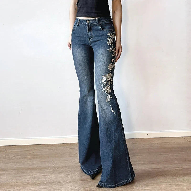 Y2K Rose Embroidered Trumpet Jeans Women Fashion Aesthetic Slim Flare Pants Vintage Blue 2000s Denim Trousers Spring