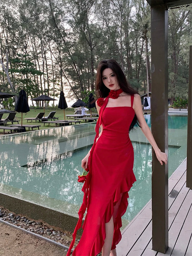 Fashionable Suspender Sexy Floral Red Dress Summer Print Elegant V-neck Pullover Tie Tight Women's Backless Long Dress Z639
