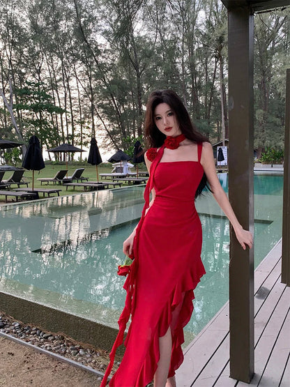 Fashionable Suspender Sexy Floral Red Dress Summer Print Elegant V-neck Pullover Tie Tight Women's Backless Long Dress Z639
