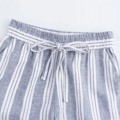 New Women's Fashion and Casual Versatile High Waist Lace Up Straight Slender Striped Pants
