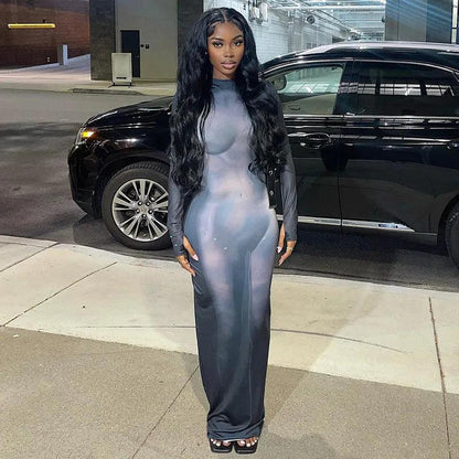 Crew Neck Long Sleeve Body Contour Print Bodycon Maxi Dress