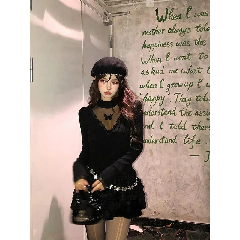 Y2K Cropped Black Sweater Women Harajuku Embroidery White Knitted Pullovers Gyaru Grunge Mesh Lace Knitwears Winter Chic Jumpers
