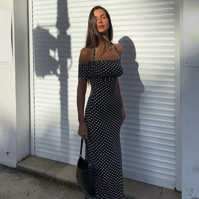 Off-Shoulder Fashion High Waist Long Dress For Women Side Split Printed See-Through Short Sleeve Dress Summer Maxi Dress