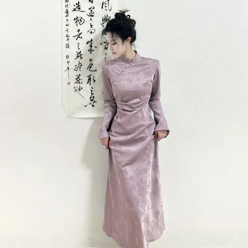 New Chinese Style Folding Stand Collar Dress Autumn Waist-lifting Modified Cheongsam Women's Temperament Long Dresses