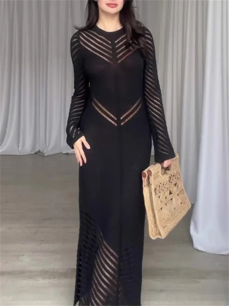 Chevron Mesh Panel Crew Neck Sleeveless Side Slit Knit Maxi Dress