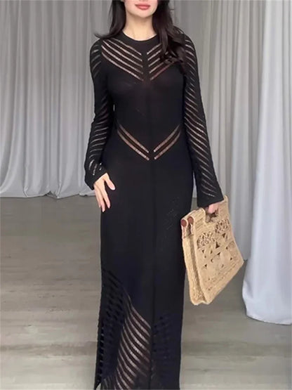 Chevron Mesh Panel Crew Neck Sleeveless Side Slit Knit Maxi Dress