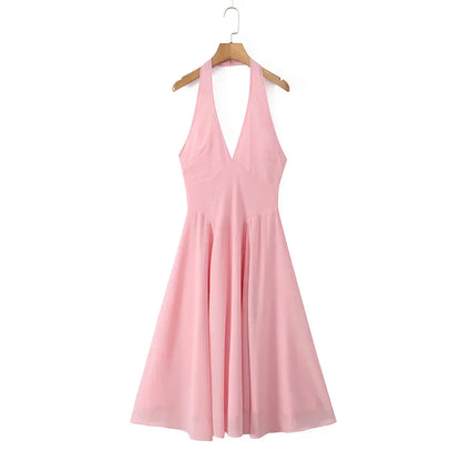 Halter Deep V Pleated Fit and Flare Midi Dress