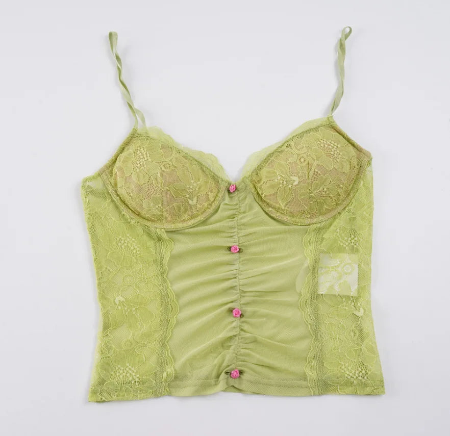 New Women's Lace Patchwork Mesh V Neck Cami Top Sexy 3D Floral Decor See Through Slim Y2K Club Party Streetwear