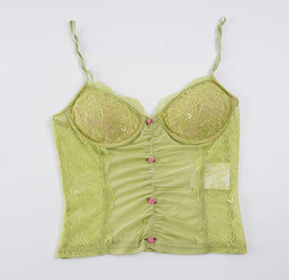 New Women's Lace Patchwork Mesh V Neck Cami Top Sexy 3D Floral Decor See Through Slim Y2K Club Party Streetwear