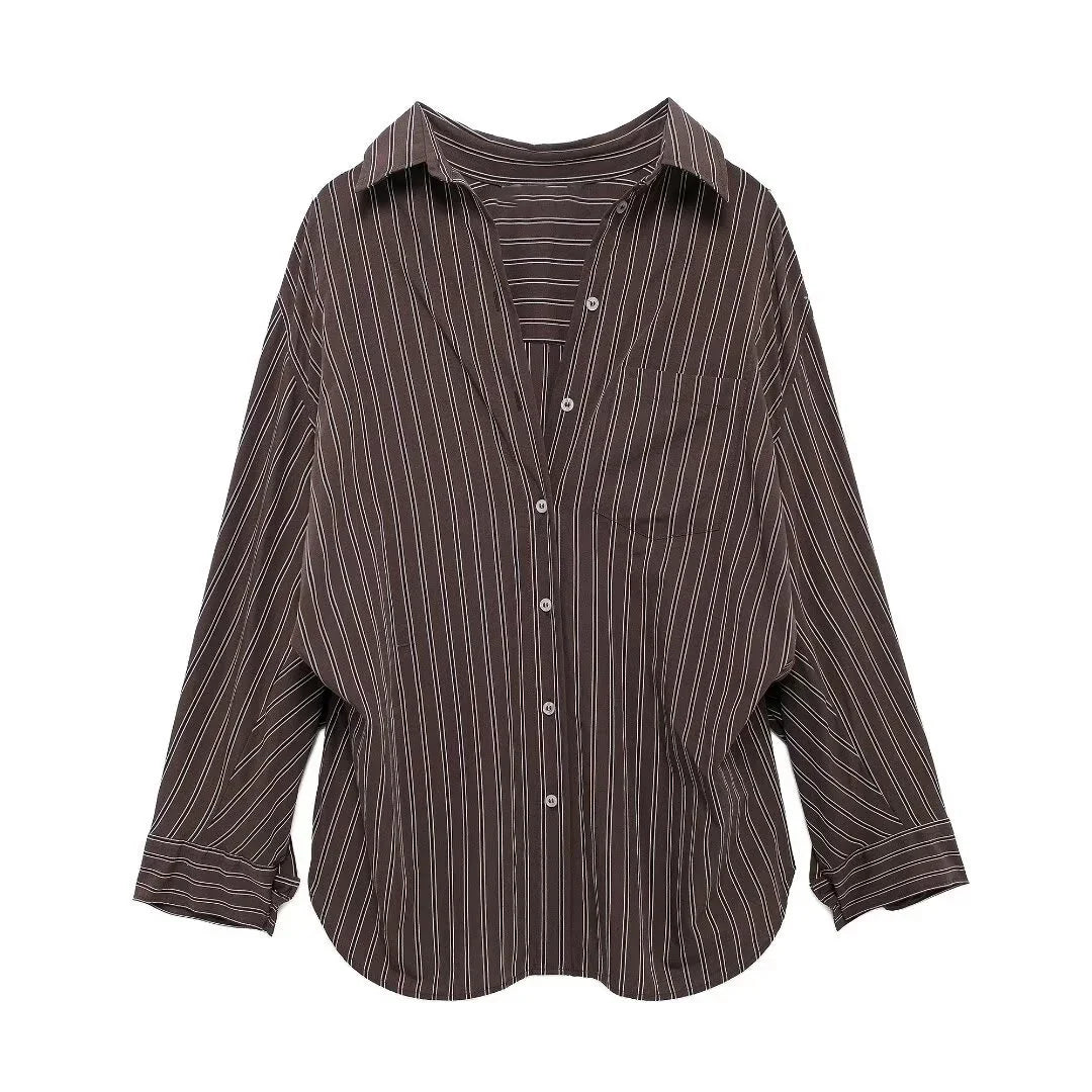 Vintage Solid Striped Pocket Blouse Women Single Breasted Long Sleeve Loose Tops Shirt 2025 Spring New Streetwear Casual Blouses
