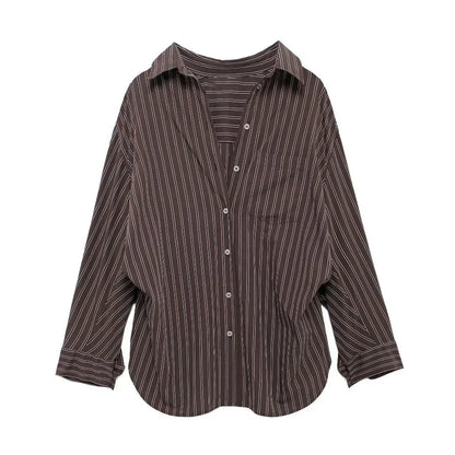 Vintage Solid Striped Pocket Blouse Women Single Breasted Long Sleeve Loose Tops Shirt 2025 Spring New Streetwear Casual Blouses