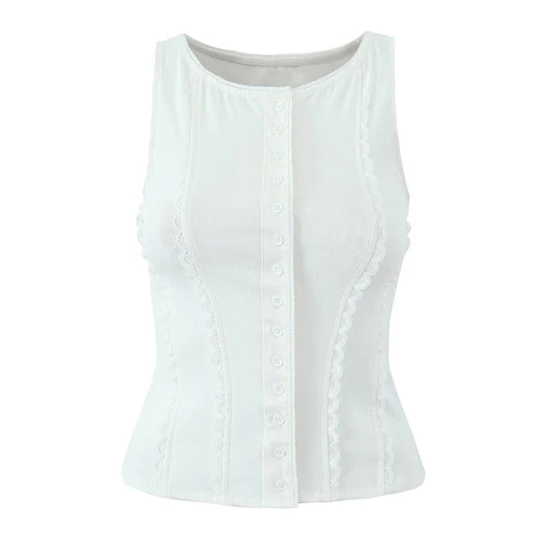 Red White Slim Tank Top Women Sleeveless O Neck Lace Spliced Summer Crop Top Streetwear ropa de mujer