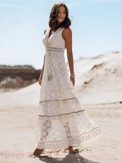 Crochet Lace Tiered Scalloped Hem Side Slit Maxi Dress